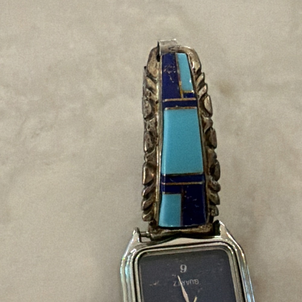 Navajo, turquoise Watch , Sodalite/Lapis inlay - Picture 10 of 13